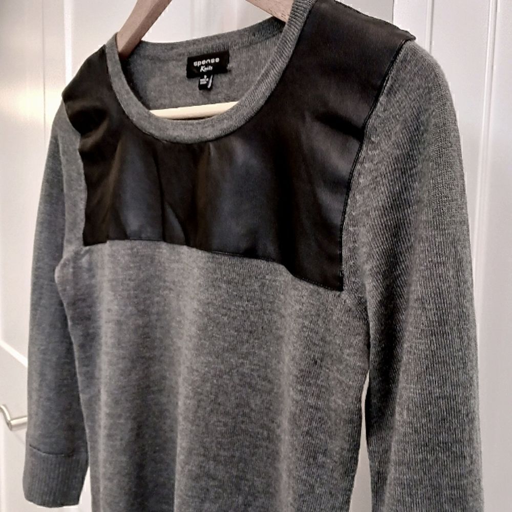 Faux Leather Yoked Sweater in Charcoal and Black Crewneck